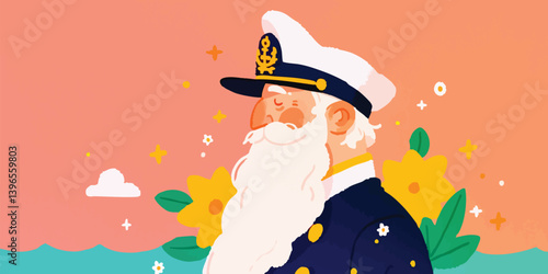 A seasoned captain, weathered and wise, stands tall, with a calm demeanor, against a soft, sun-kissed gradient backdrop. A vibrant floral arrangement on the lower part of the image, adds warmth.