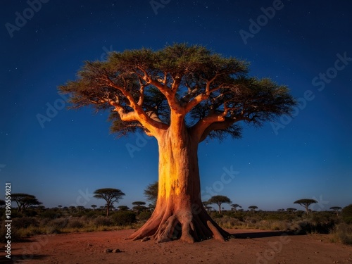 A majestic baobab tree stands tall in the arid landscape, illuminated by moonlight, with stars shining brightly in the night sky, creating a serene atmosphere.