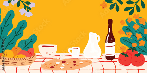 A vibrant illustration depicts a cheerful breakfast setup, with a basket of fruit, a variety of food on the table. The artwork evokes a sense of a joyful morning.