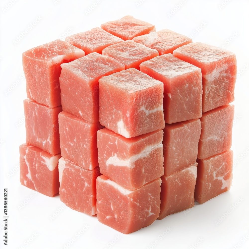 Cube puzzle of raw meat blocks displaying intricate marbling patterns Cube puzzle of raw meat blocks displaying intricate marbling patterns