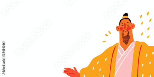 A noble figure, attired in imperial yellow robes, stands poised with outstretched arms, evoking a sense of authority and historical grandeur.