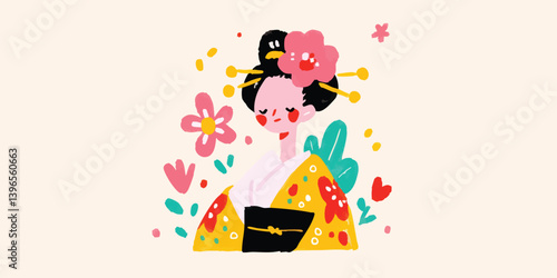 A captivating illustration showcases a traditional Japanese geisha adorned in vibrant attire, surrounded by delicate floral elements. The art style captures the grace and beauty.