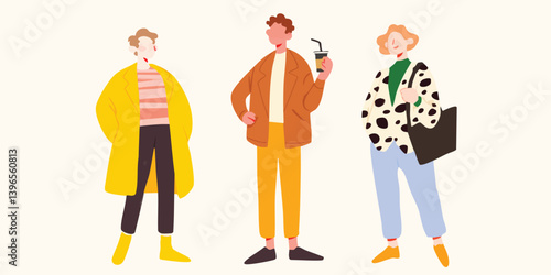 A trendy trio of figures, each an embodiment of distinctive fashion, stand out with their unique attire and poses, representing a vibrant display of individuality. 