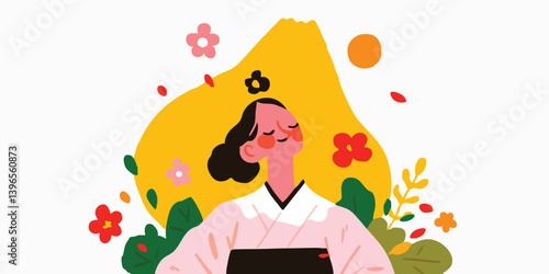 A serene woman finds solace in nature, embracing the gentle touch of the sun's rays and the sweet scent of blooming flowers in an illustrated scene of tranquility and peace.