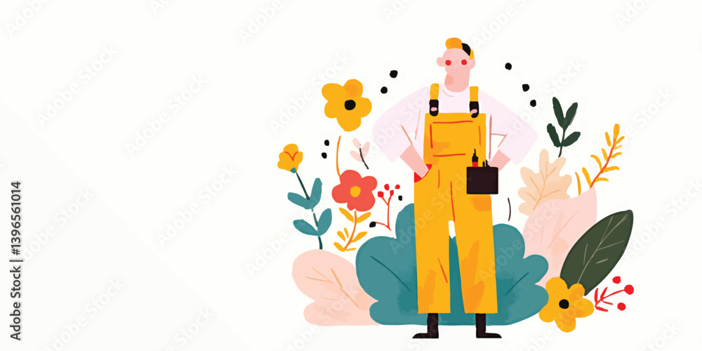 Fototapeta premium An illustration of a gardener standing proudly amidst an array of vibrant flowers, his posture conveys the satisfaction of a job well done, the beauty of nature.