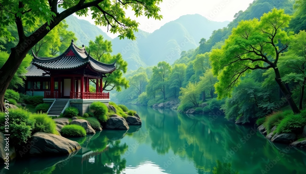 Tranquil park in Wenzhou with lush greenery and traditional pagoda, tranquil, Zhejiang Tranquil park in Wenzhou with lush greenery and traditional pagoda, tranquil, Zhejiang