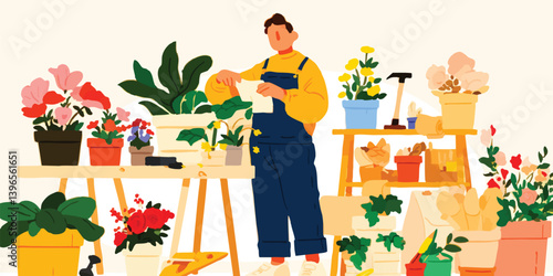 An individual is captured amid a bustling botanical scene, meticulously arranging a selection of vibrant plants and flowers, capturing the essence of growth and life.