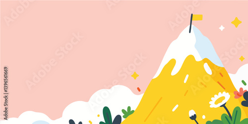An illustration of a peak with flag symbolizes determination, achievement, and overcoming challenges, with vibrant colors and symbolism to convey the journey to the top.