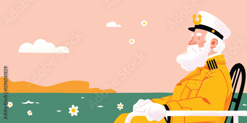 An elderly sea captain wearing his ceremonial uniform and looking serene on the deck, envisioning his next nautical adventure in a serene setting.