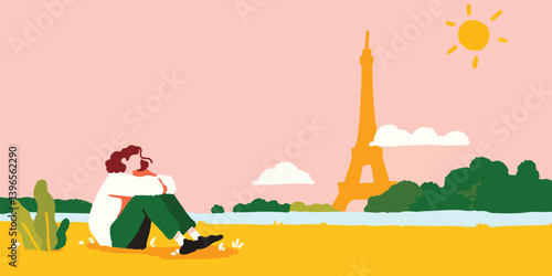 A person sits near the iconic Eiffel Tower on a beautiful day, dreamily soaking in the surroundings, evoking feelings of wanderlust and appreciation for life's simple pleasures.