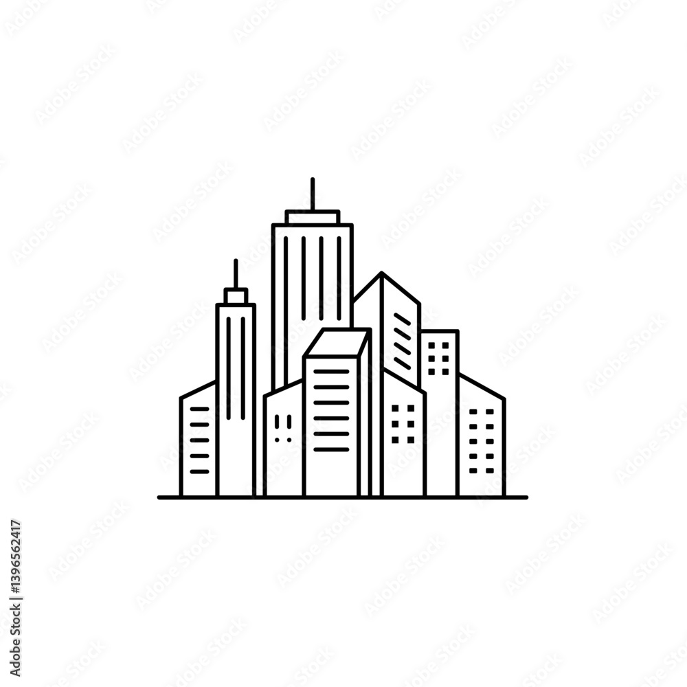 Fototapeta premium Outline of modern skyscrapers in a cityscape on white background -
