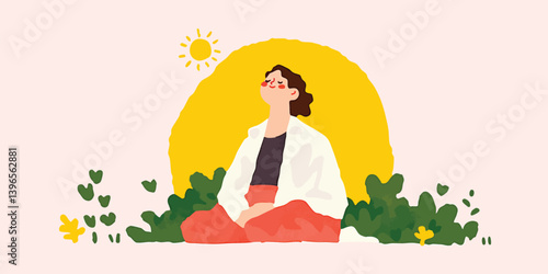 A woman sitting calmly outdoors, enjoying the sunshine and embracing a mindful moment of peace.