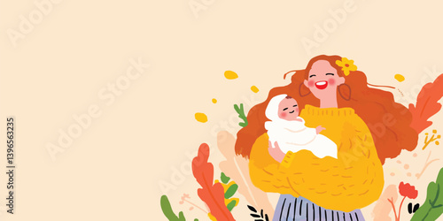 A tender and joyful illustration of a mother cradling her newborn baby, a heartwarming scene that evokes a sense of unconditional love and family.
