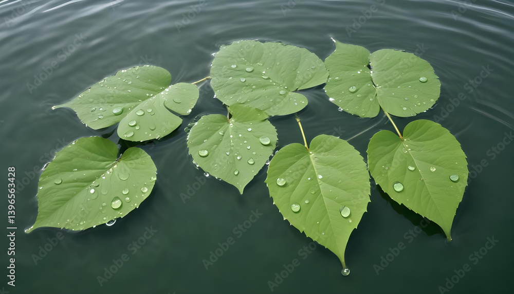 Green heart-shaped leaves float serenely on water, adorned with glistening water droplets. Green heart-shaped leaves float serenely on water, adorned with glistening water droplets.