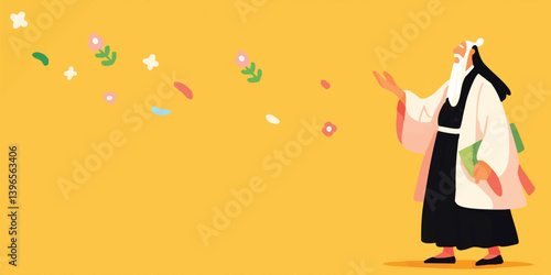 A serene illustration captures an elderly figure gracefully engaging with the ephemeral dance of petals and blossoms. The gentle gestures and flowing attire of the figure create a tranquil atmosphere.