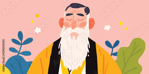 A serene illustration of an elder man meditating, embodying tranquility and mindfulness, with closed eyes and a calm demeanor, surrounded by a gentle floral backdrop.