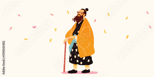 A dignified person in traditional attire stands resolute, holding a cane, embodying resilience and history, celebrating the elegance of classical heritage. 
