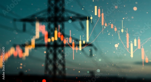 Fluctuating energy market depicted with overlaid stock chart and pylon