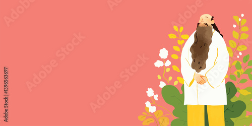 An illustrated doctor stands with a serious face in front of a pink wall. The flowers decorate the illustrated background, with the sense of natural beauty. 