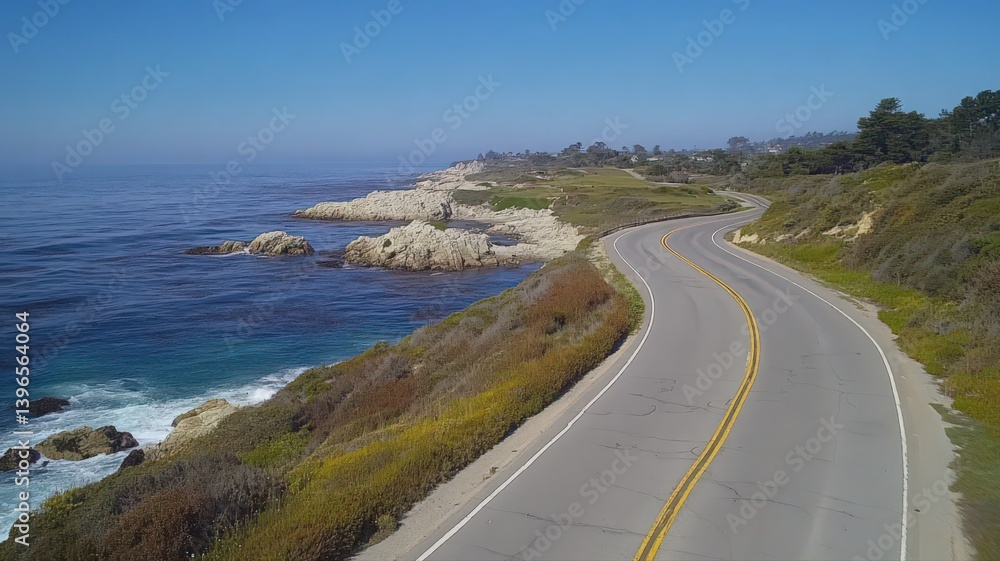 Curving Road Along Blue Ocean Coastline on Sunny Day Clear Blue Skies Rocks and Trees with Distant Buildings and Yellow Lines Guiding the Path Coastal Landscape Curving Road Along Blue Ocean Coastline on Sunny Day Clear Blue Skies Rocks and Trees with Distant Buildings and Yellow Lines Guiding the Path Coastal Landscape