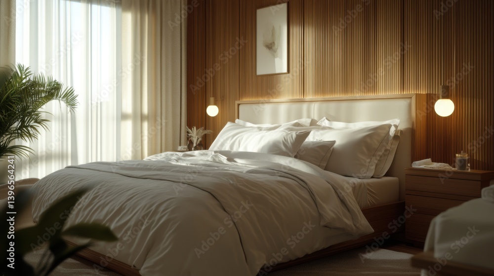 Fototapeta premium A cozy, modern bedroom featuring warm wood tones, soft bedding, and ambient lighting, perfect for relaxation and comfort.