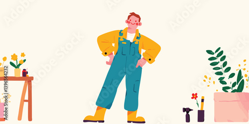 An illustration depicts a cheerful male gardener amidst a blooming floral environment. The scene captures the essence of nurturing nature, emphasizing a bright, fresh, and wholesome atmosphere.