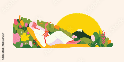 An illustration of serene figure rests amidst a vibrant, sunlit garden, enveloped in a tranquil landscape, ideal for meditation, rest, and relaxation.