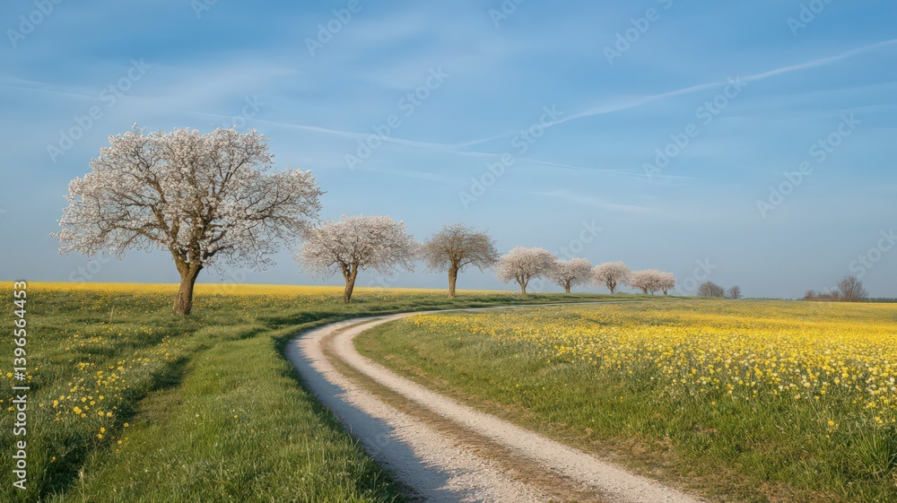 Fototapeta premium Curving Road Through Yellow Wildflower Field and Blossoming White Trees
