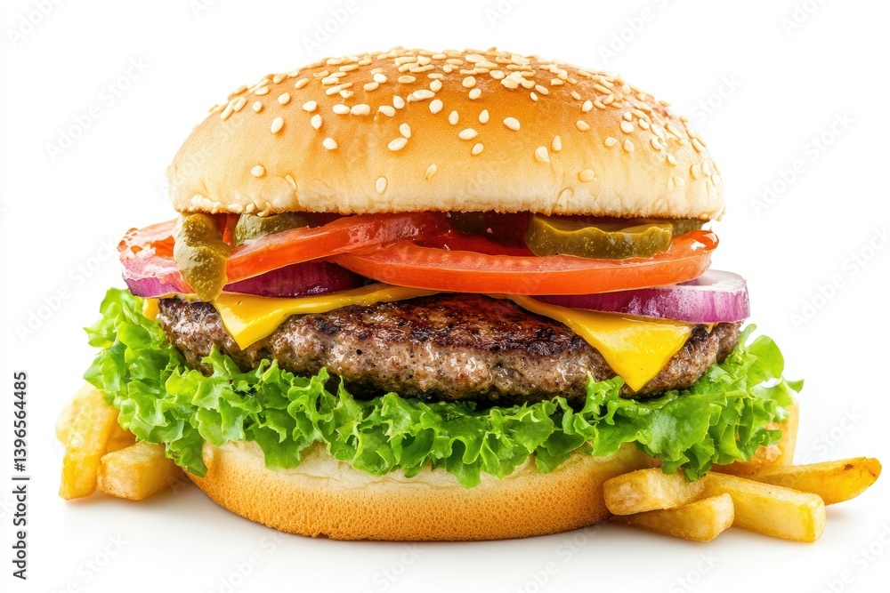 Delicious Cheeseburger with Fresh Toppings and French Fries Ready to Eat Delicious Cheeseburger with Fresh Toppings and French Fries Ready to Eat