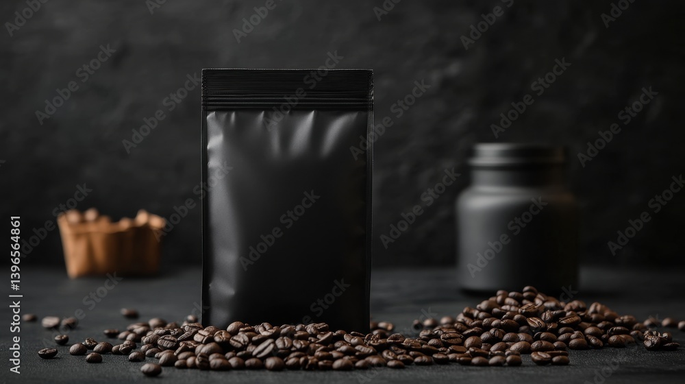 Dark, sleek coffee packaging stands with scattered beans, evoking a rich, aromatic experience. Moody and minimalist aesthetic