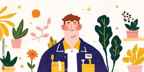 A friendly, dedicated shopkeeper stands in a vibrant plant store. The art style brings attention to this shopkeeper and the beautiful plants, creating a warm, inviting atmosphere.