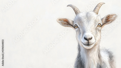 A clean and minimal watercolor painting of a playful goat with light gray and beige tones, subtle horns, and expressive eyes, on a crisp white background