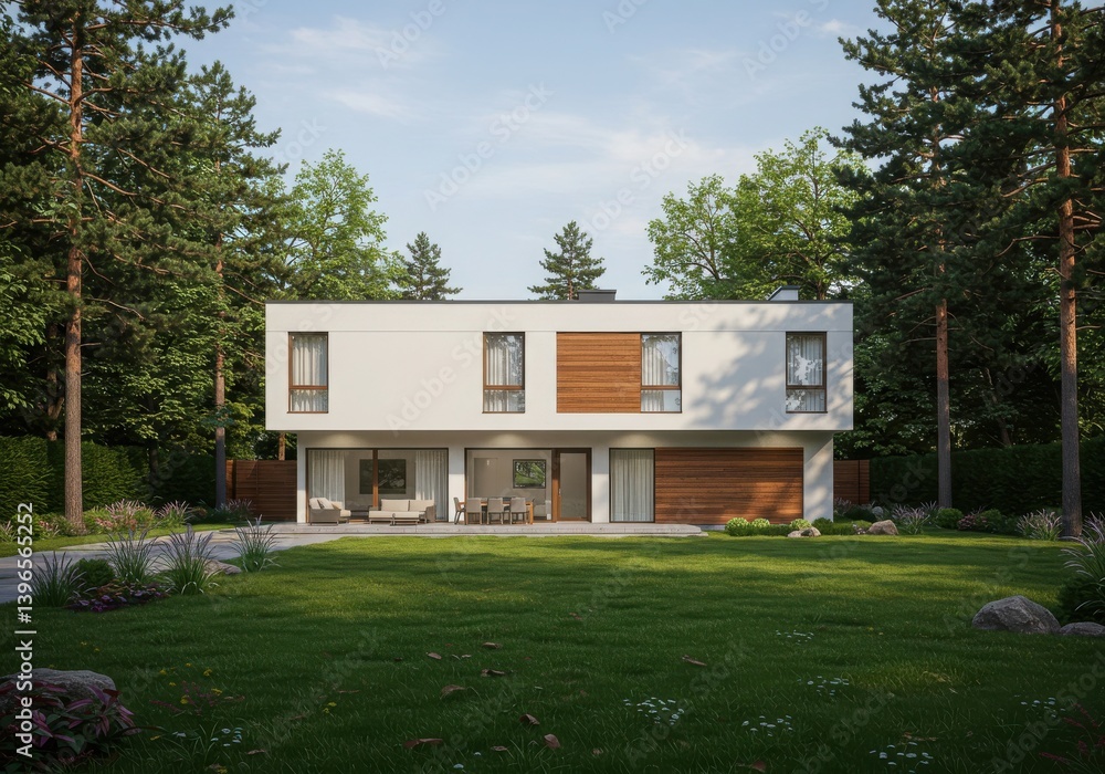 Modern two story house with white facade and wood accents surrounded by green trees and grass Modern two story house with white facade and wood accents surrounded by green trees and grass