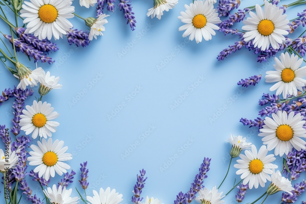 Fototapeta premium Top view of colorful spring flowers arranged around the edges of a pastel blue background with empty space in the center. Perfect for seasonal promotions, greeting cards, or floral-themed designs.