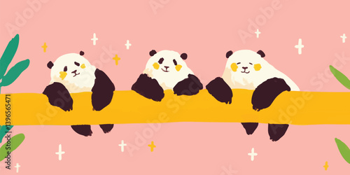 Three adorable pandas relax...