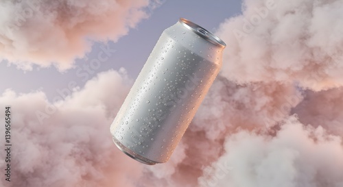 Floating Refreshing Drink Can with Condensation Against Pastel Cloudscape