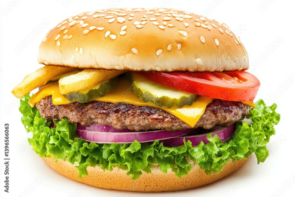 Delicious Cheeseburger Close-up with Fries, Lettuce, Tomatoes and Red Onion Delicious Cheeseburger Close-up with Fries, Lettuce, Tomatoes and Red Onion
