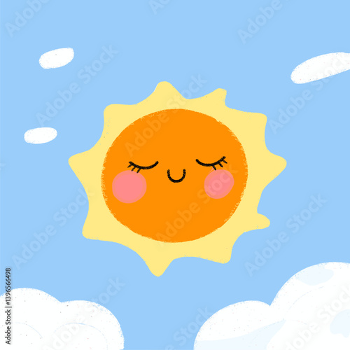 Smiling Sun with Rosy Cheeks in a Light Blue Sky with Clouds.