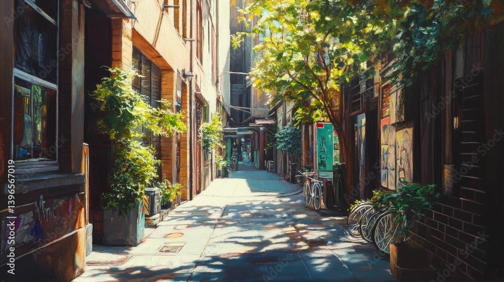 Fototapeta premium Narrow street with buildings and trees casting shadows on the cobblestone road.