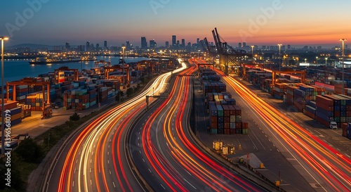 Nighttime panorama of a busy port with long exposure light trails and cityscape