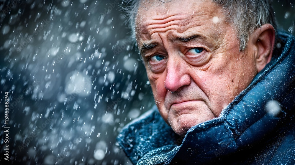 Worried Man with Wet Face in Portrait, Experiencing Snowy Weather Worried Man with Wet Face in Portrait, Experiencing Snowy Weather