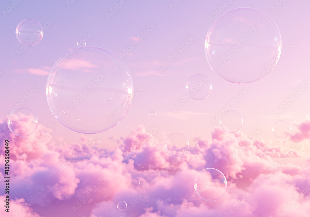 ピンク色に染まった空と雲の中を飛ぶシャボン玉 ピンク色に染まった空と雲の中を飛ぶシャボン玉