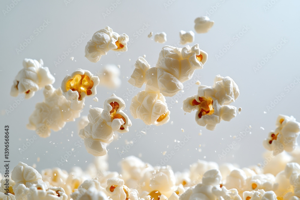 Popcorn falling from a white bowl, mid-air motion captured against a dark background. Popcorn falling from a white bowl, mid-air motion captured against a dark background.