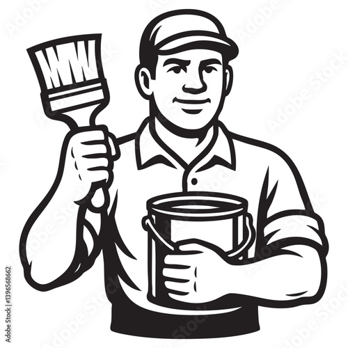 House Painter Holding Brush and Paint Bucket