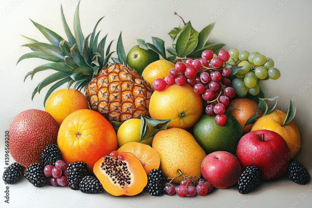 Colorful fruit painting and real fruit on white surface, blending art and reality. Colorful fruit painting and real fruit on white surface, blending art and reality.