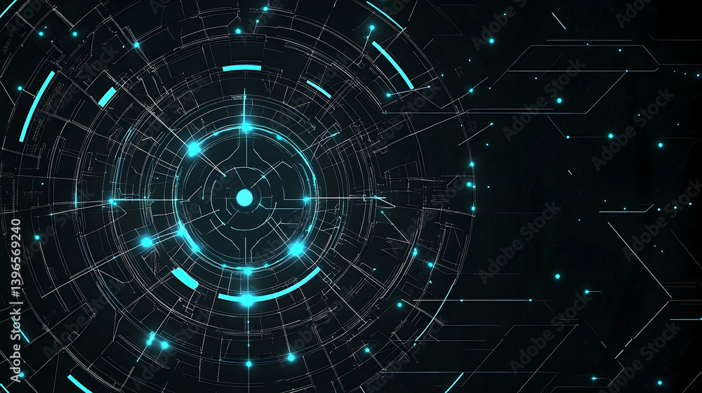 Obraz premium A complex, concentric, glowing network of interconnected circuits and nodes.