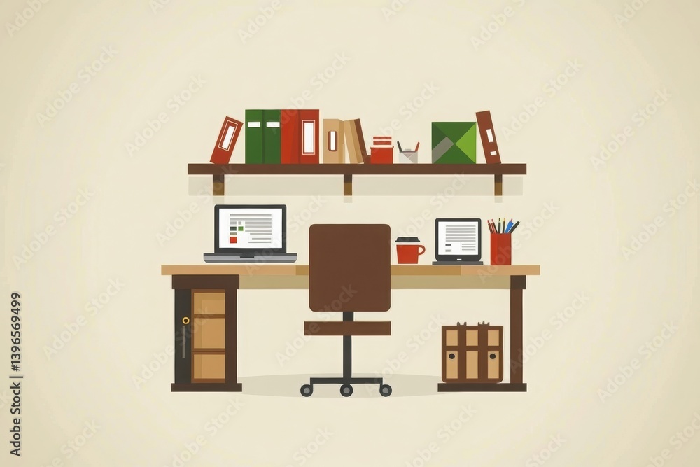 Fototapeta premium A minimalistic illustration of a workspace featuring a desk, computer, books, and stationery, emphasizing organization and productivity.