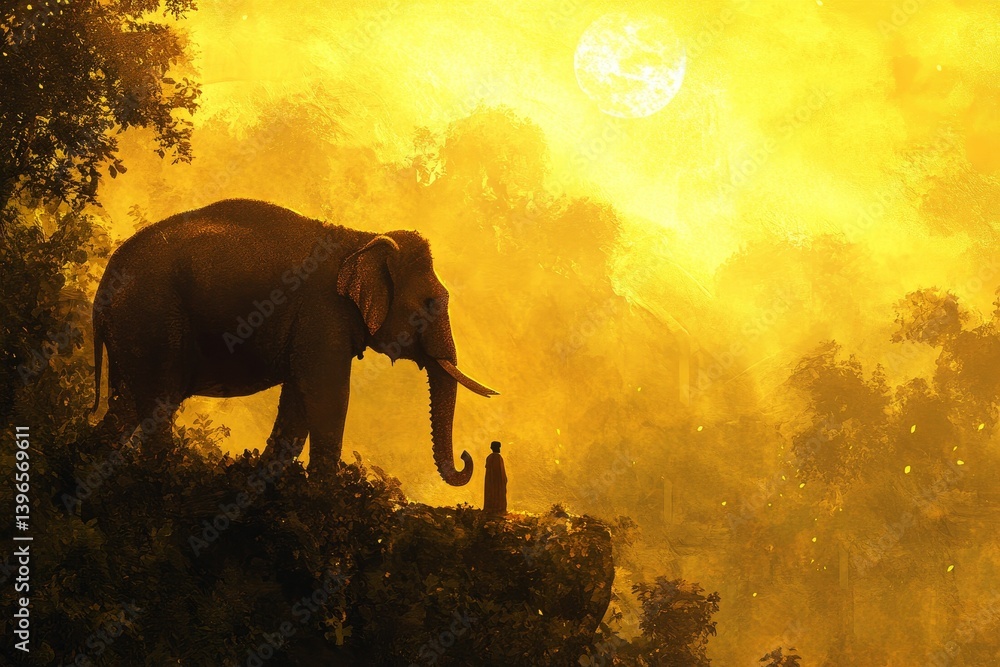 Fototapeta premium Elephant silhouette stands on a hill with trees against a bright yellow sky.