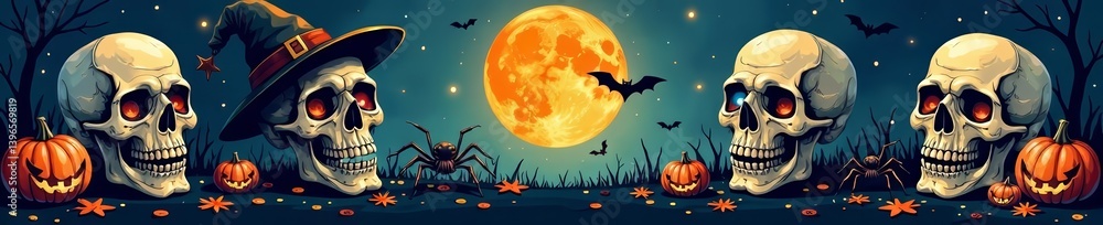 Creepy hand drawn Halloween icons including skulls, spiders, bats, and full moon, skulls, spiders, icons Creepy hand drawn Halloween icons including skulls, spiders, bats, and full moon, skulls, spiders, icons