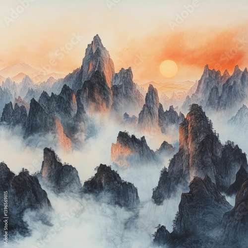 Mountain peaks rise through fog under a warm sky with a setting sun.